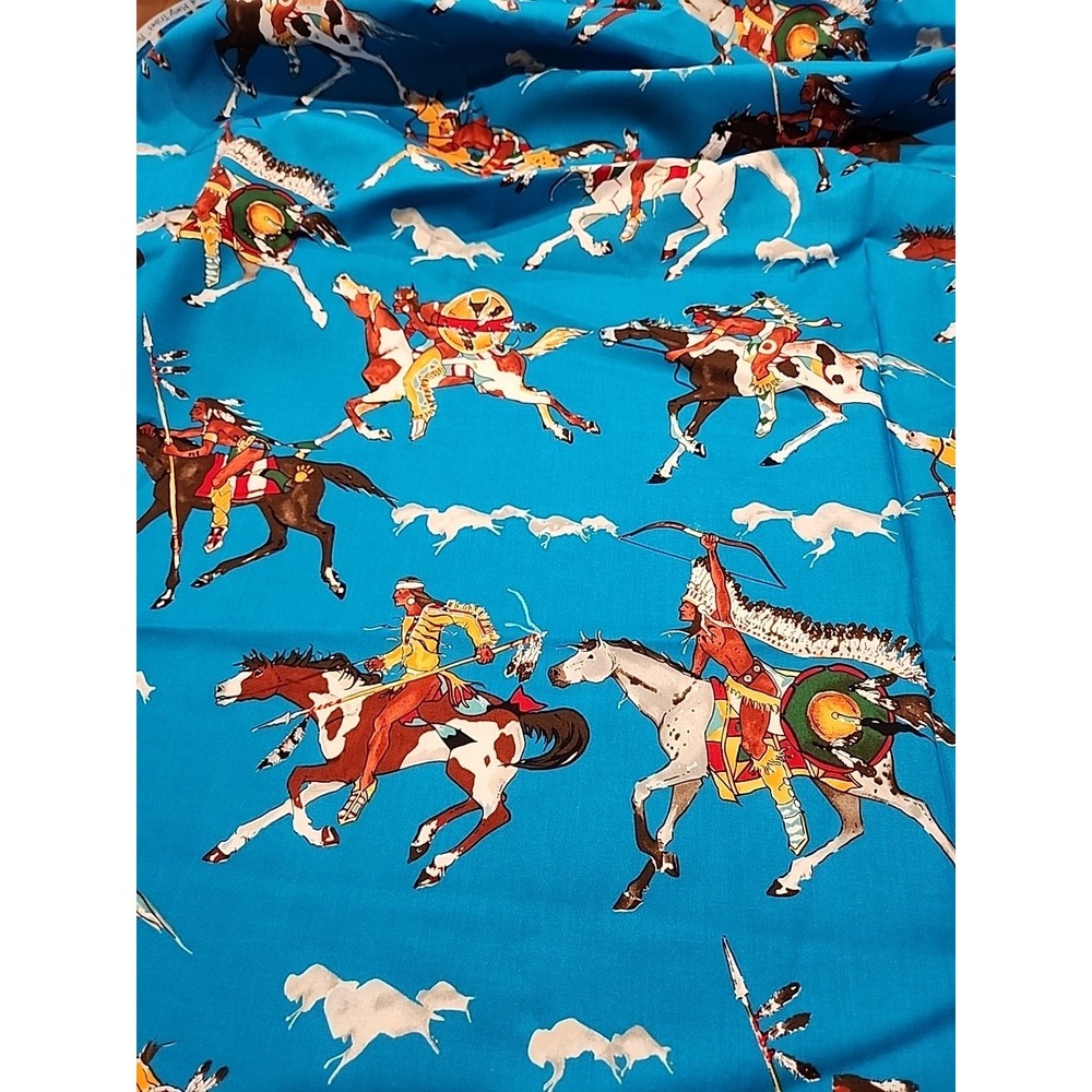 Vintage Alexander Henry Fabric Blue HUNT OF MANY TRIBES ©1991 BTY